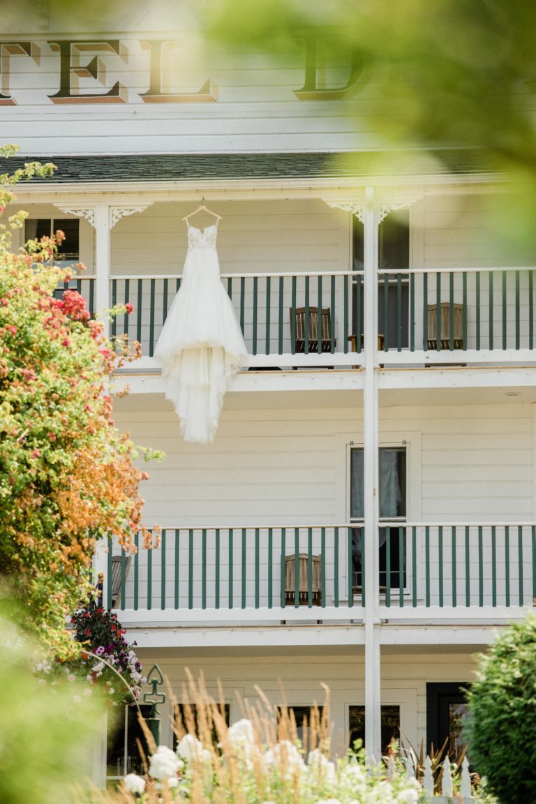 Roche Harbor Resort wedding photo of bride's white dress and veil