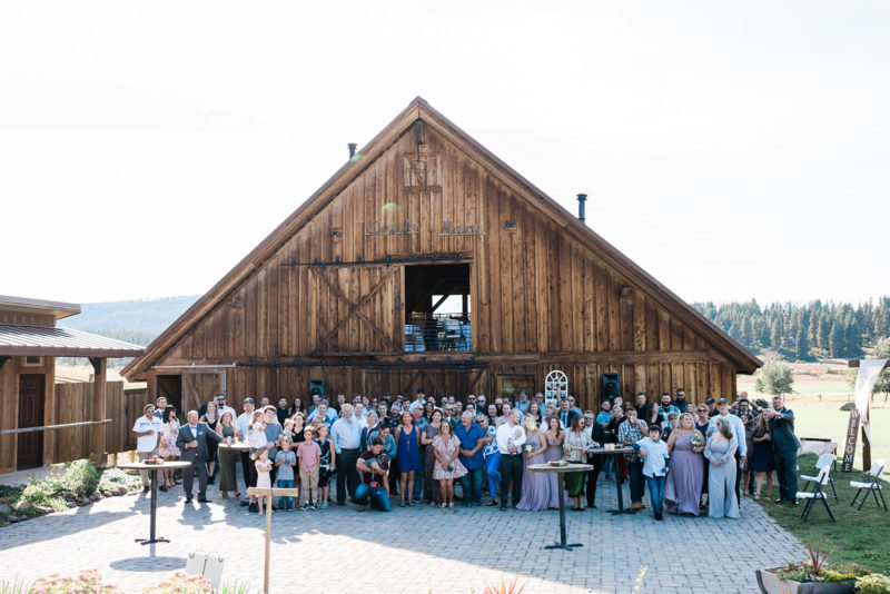 Wedding group photograph at a Cattle Barn Wedding