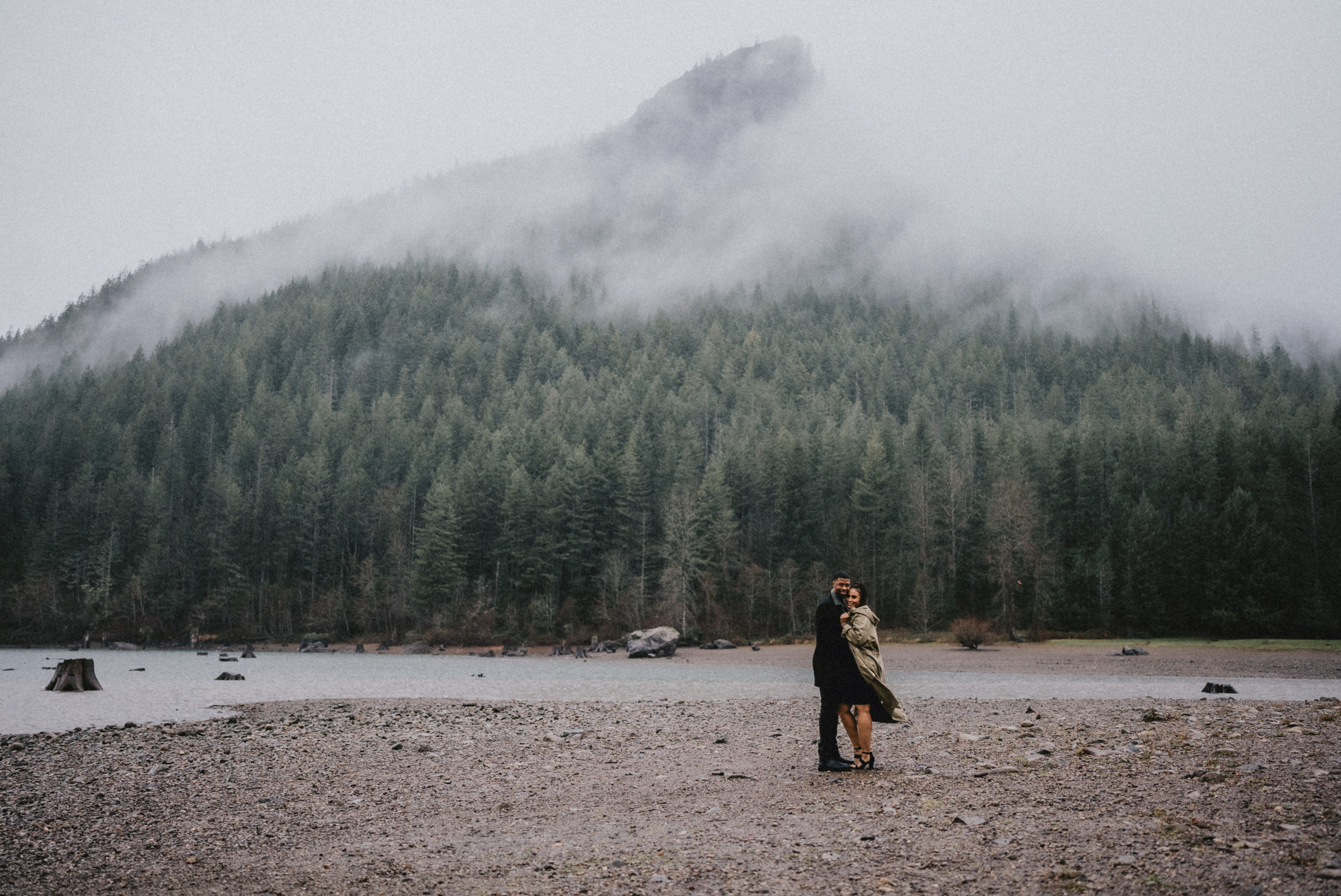 couple takes engagement photos at rattlesnake lake