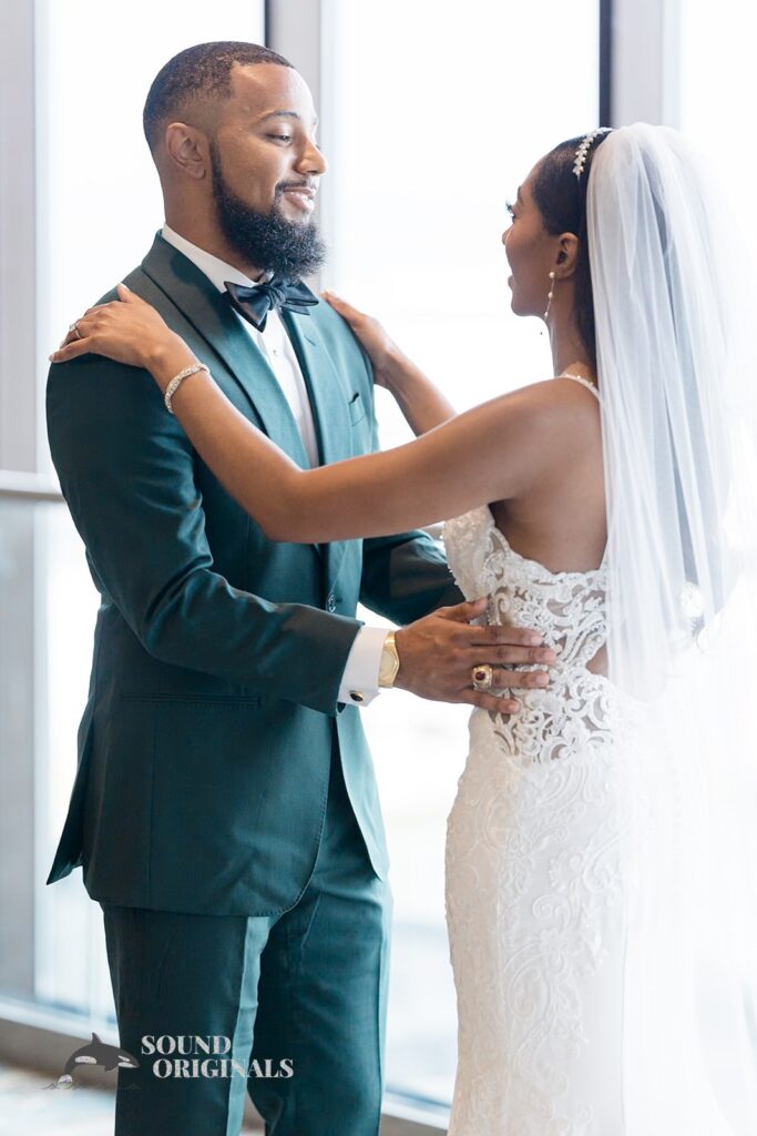 Newlyweds lovingly gaze at each other at Briza on the Bay Wedding