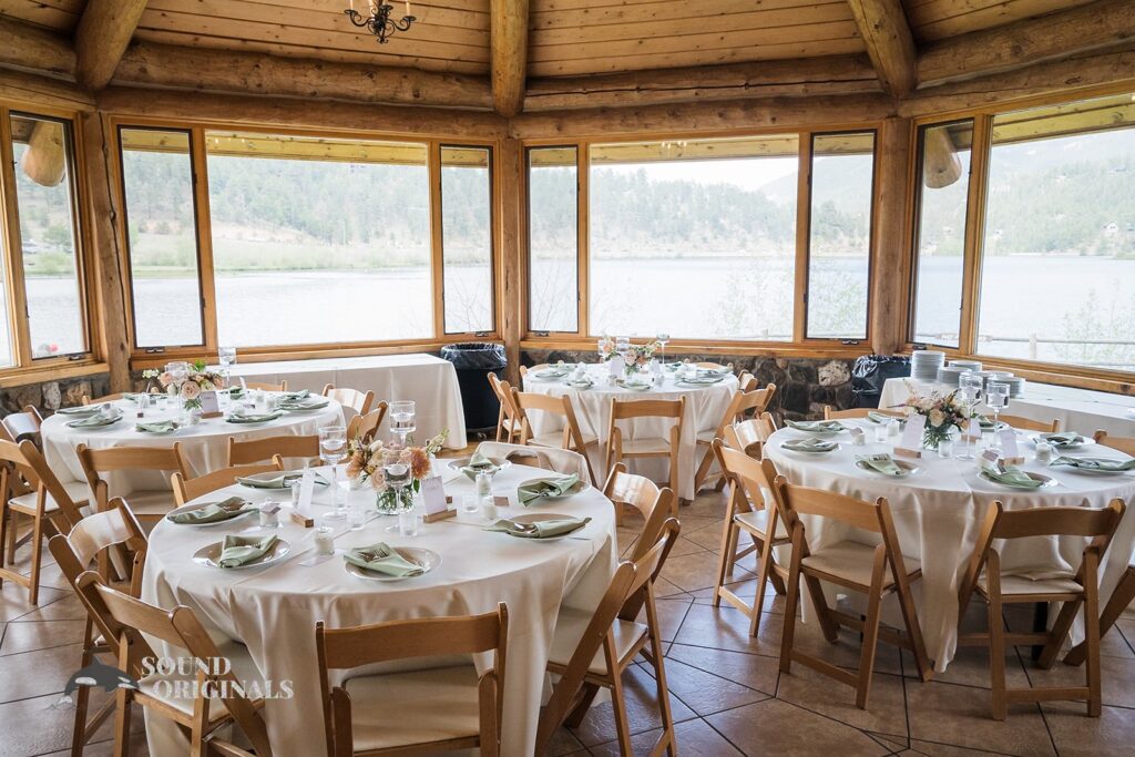 Classic and radiant round tables in Evergreen Lake House Wedding