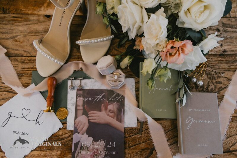 Photographer captures sterling wedding shoes, diamond ring and colourful flowers in at The Havens Country Club Wedding